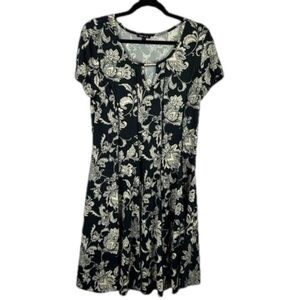 Sami & Jo Floral Short Sleeve Pleated Fit & Flare Dress Large Black